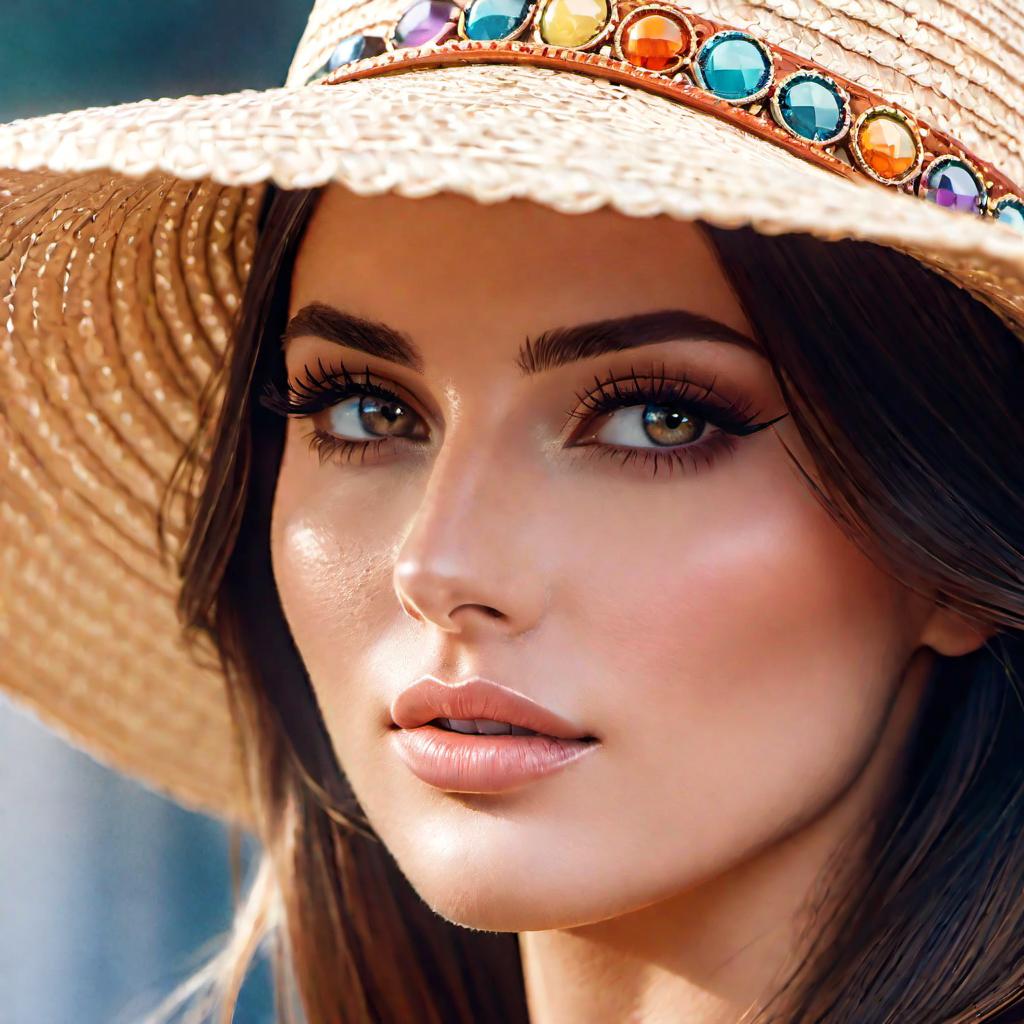  "A close up portrait of a young woman with a calm and composed expression. She is wearing a wide brimmed straw hat decorated with a small, colorful ribbon and beads. She has smooth, fair skin and long, brown hair that falls naturally. The background suggests an outdoor setting with soft, natural lighting, highlighting her facial features. The overall mood is relaxed and sophisticated."  hyperrealistic, full body, detailed clothing, highly detailed, cinematic lighting, stunningly beautiful, intricate, sharp focus, f/1. 8, 85mm, (centered image composition), (professionally color graded), ((bright soft diffused light)), volumetric fog, trending on instagram, trending on tumblr, HDR 4K, 8K