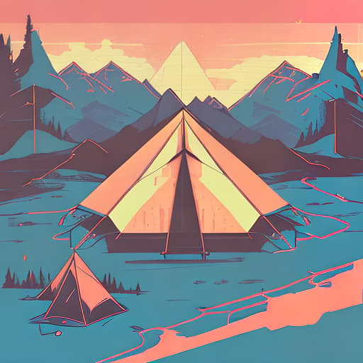 nvinkpunk Whimsical mountains with trees, camping tent and fire