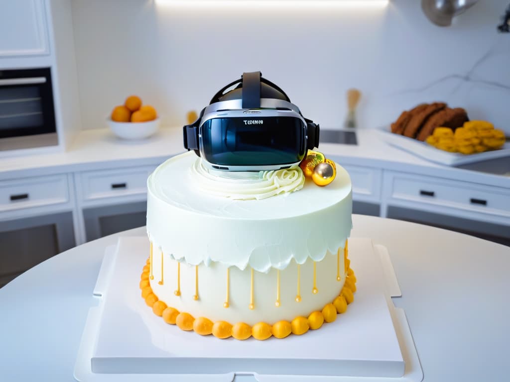  An ultradetailed 8k image showcasing a sleek, modern virtual reality headset placed delicately on a pristine white marble kitchen counter. The headset's visor displays a vivid, lifelike 3D rendering of a delectable, intricately designed wedding cake being decorated with virtual tools, surrounded by a virtual kitchen filled with hightech baking equipment. The scene exudes a futuristic yet elegant vibe, perfectly capturing the fusion of traditional baking artistry with cuttingedge technology in the realm of virtual reality pastry education. hyperrealistic, full body, detailed clothing, highly detailed, cinematic lighting, stunningly beautiful, intricate, sharp focus, f/1. 8, 85mm, (centered image composition), (professionally color graded), ((bright soft diffused light)), volumetric fog, trending on instagram, trending on tumblr, HDR 4K, 8K