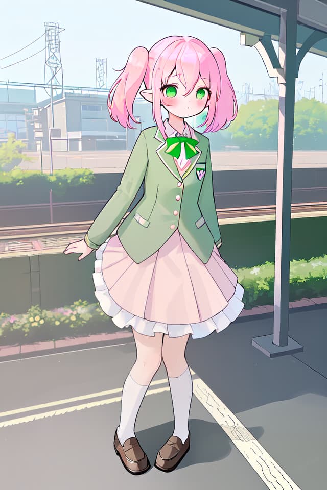  (Best masterpiece: 1.5),(Highest image quality),(Super detail),(Super precision),(Super beautiful CG),(8K),1girl,elf,solo,looking at viewer,blush,bangs,green eyes,hair between eyes,pink hair,twin tail hair,Expressionless,close up,Women's uniform blazer,navy high socks,loafers ladies,station platform,stand on the station platform,