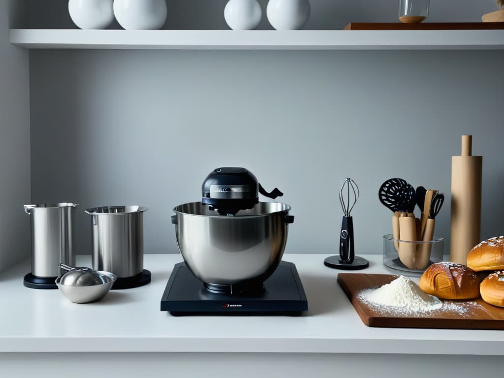  A closeup, ultradetailed image of a sleek, modern kitchen countertop adorned with an array of highend baking tools and equipment, such as a stand mixer, precision scales, piping bags, assorted piping tips, pastry brushes, and a marble rolling pin. The items are meticulously arranged in an organized and aesthetically pleasing manner, showcasing the essential tools for festival bakers in a clean, minimalistic style. The soft overhead lighting highlights the metallic sheen of the equipment, creating a visually striking and aspirational image for the reader. hyperrealistic, full body, detailed clothing, highly detailed, cinematic lighting, stunningly beautiful, intricate, sharp focus, f/1. 8, 85mm, (centered image composition), (professionally color graded), ((bright soft diffused light)), volumetric fog, trending on instagram, trending on tumblr, HDR 4K, 8K