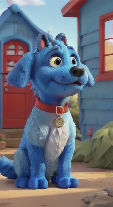  {Max the big blue dog standing in front of a cozy little house with a red door, The big blue dog is large with sky blue fur, big round eyes, a black nose, and floppy ears.