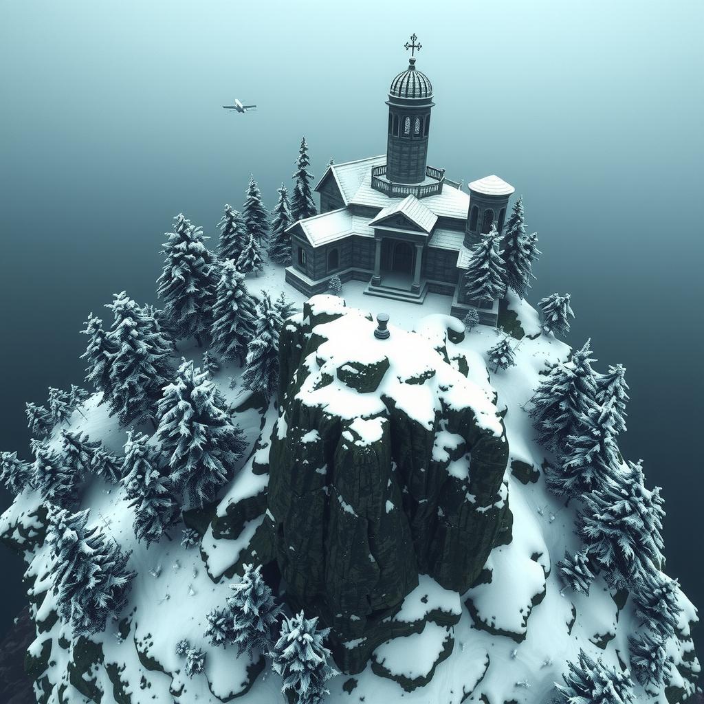  snowy arctic island covered in pine forests just above a stormy sea, the island looms 150 feet over the water in icy, treacherous cliffs, gothic mausoleum stands on the northern end of the island, haunting, 1990s ravenloft art ar 16:9 hyperrealistic, full body, detailed clothing, highly detailed, cinematic lighting, stunningly beautiful, intricate, sharp focus, f/1. 8, 85mm, (centered image composition), (professionally color graded), ((bright soft diffused light)), volumetric fog, trending on instagram, trending on tumblr, HDR 4K, 8K