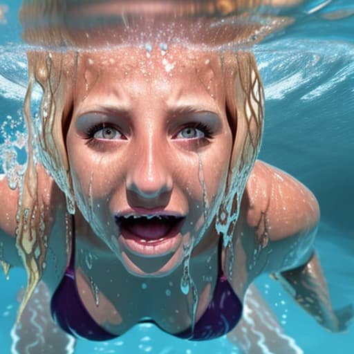  tanned blonde woman drowning in the water her nose is above water and the rest of the body is under water she's panic and screaming