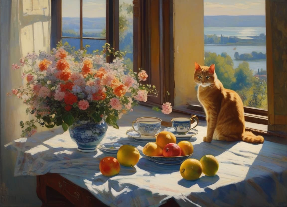  A bouquet of field flowers in a large vase and a ginger cat, a teacup and a fruit dish on a table, Constantine Korovin. The table: wooden, with a brown surface, covered with a tablecloth with embroidery. The background: a window with a window sill. On the window sill houseplants. Outside the window a summer landscape and a river. The light: warm morning, falling from the window, illuminating the vase, the fruit dish and the cat. hyperrealistic, full body, detailed clothing, highly detailed, cinematic lighting, stunningly beautiful, intricate, sharp focus, f/1. 8, 85mm, (centered image composition), (professionally color graded), ((bright soft diffused light)), volumetric fog, trending on instagram, trending on tumblr, HDR 4K, 8K