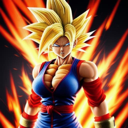  Female super sayan, red goku kostüm. Perfekt body. Sayan hair, fire eyes, fire hands, dead planet burn. 4k