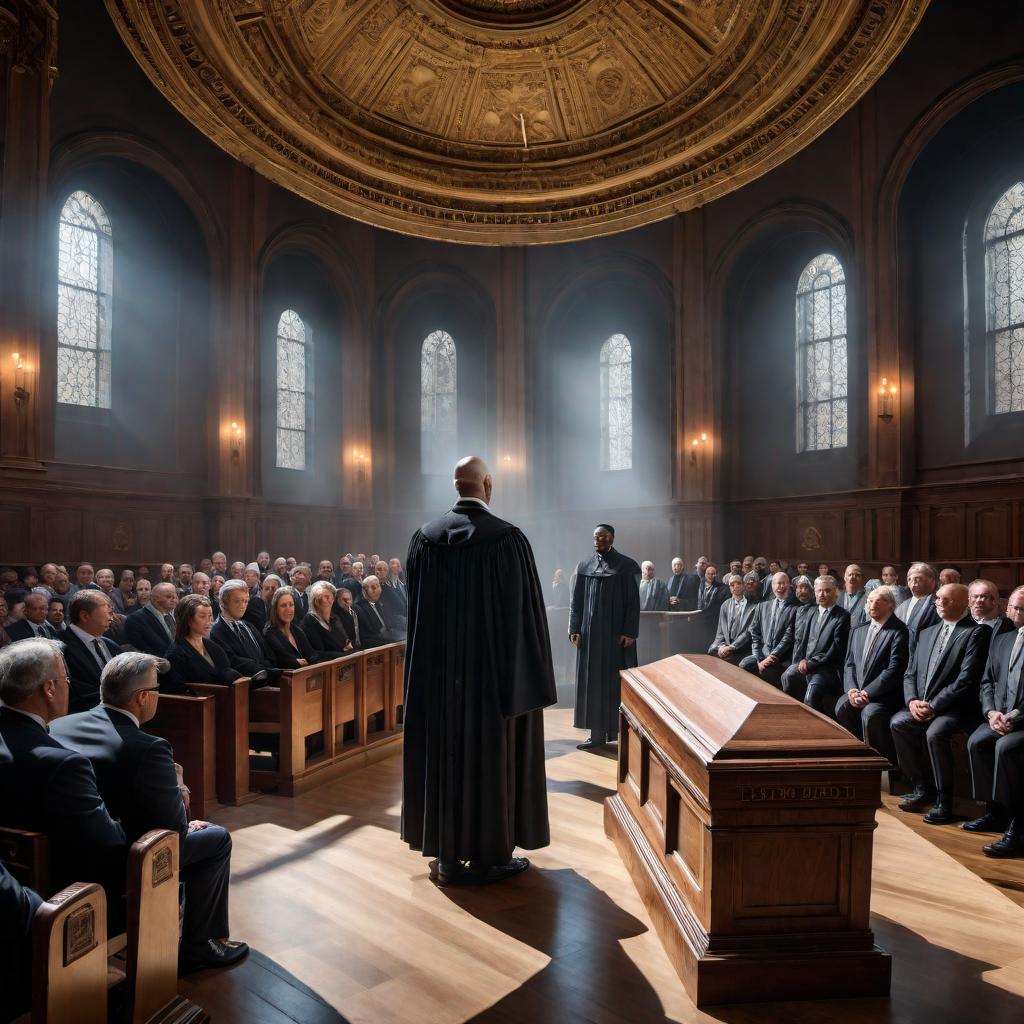  A graphical representation of the proverb "I'd rather be judged by twelve than carried by six." Depict a courtroom scene with twelve jurors on one side, symbolizing judgment, and a funeral scene with a coffin being carried by six pallbearers on the other side, symbolizing death. The two scenes should be divided by a scale of justice, illustrating the weight of the decision between facing trial or death. hyperrealistic, full body, detailed clothing, highly detailed, cinematic lighting, stunningly beautiful, intricate, sharp focus, f/1. 8, 85mm, (centered image composition), (professionally color graded), ((bright soft diffused light)), volumetric fog, trending on instagram, trending on tumblr, HDR 4K, 8K