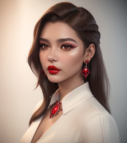  professional 3d model (((1girl, brown eyes, closed mouth, earrings, face, jewelry, lips, lipstick, long hair, looking at viewer, makeup, portrait, red lips, solo))) . octane render, highly detailed, volumetric, dramatic lighting