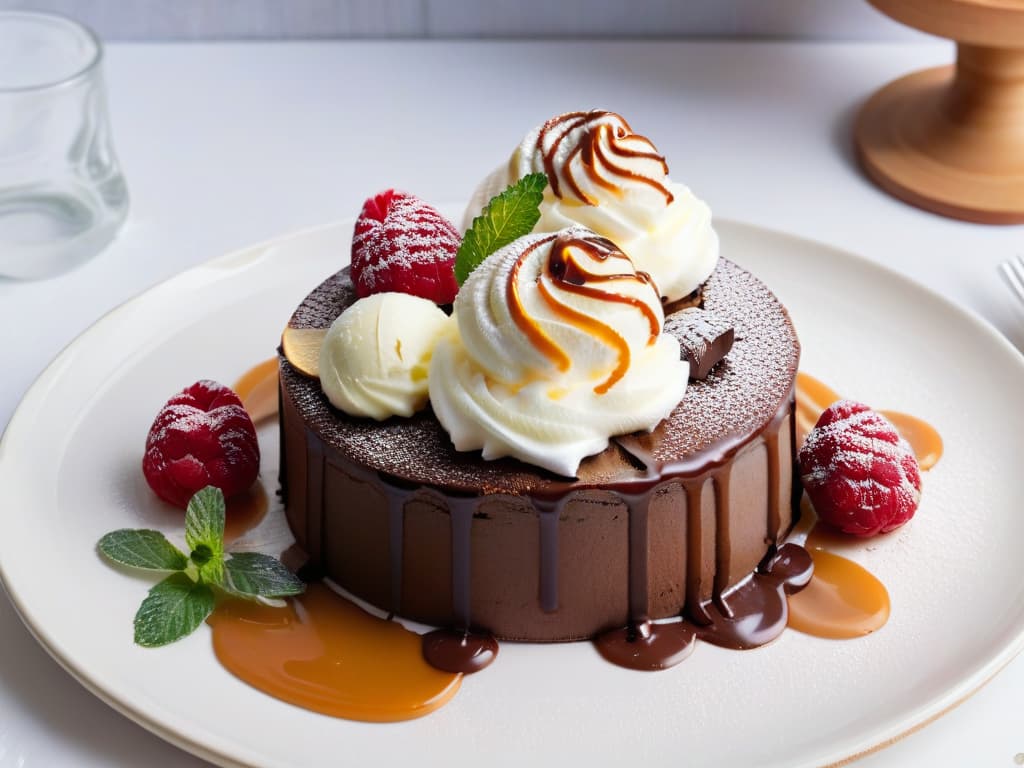  A closeup, photorealistic image of a decadent chocolate lava cake topped with a scoop of creamy vanilla ice cream, drizzled with rich caramel sauce and garnished with fresh raspberries and mint leaves. The cake is perfectly moist and oozing with molten chocolate, showcasing its irresistible texture and inviting presentation. The vibrant colors of the dessert pop against a clean, white plate, emphasizing its indulgent and safeforall allergenfree ingredients. hyperrealistic, full body, detailed clothing, highly detailed, cinematic lighting, stunningly beautiful, intricate, sharp focus, f/1. 8, 85mm, (centered image composition), (professionally color graded), ((bright soft diffused light)), volumetric fog, trending on instagram, trending on tumblr, HDR 4K, 8K