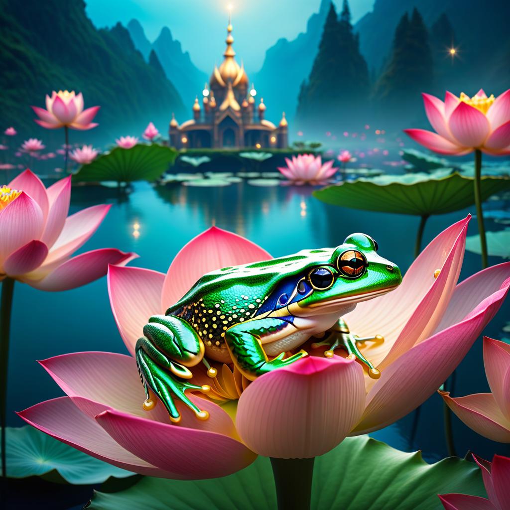  ethereal fantasy concept art of (Background): a lake with blooming lotuses of different shades: from white pink to bright crimson and leaves of tender green colour. The sky above the lake of dark blue colour with golden stars scattered on it. (Fantasy Princess Frog): in the centre of the lake on the biggest lotus flower sits a charming frog in a golden crown decorated with blue and blue precious stones. In his paws he holds a ring decorated with blue stones. Style: fantasy, Russian fairy tales, illustrations. . magnificent, celestial, ethereal, painterly, epic, majestic, magical, fantasy art, cover art, dreamy hyperrealistic, full body, detailed clothing, highly detailed, cinematic lighting, stunningly beautiful, intricate, sharp focus, f/1. 8, 85mm, (centered image composition), (professionally color graded), ((bright soft diffused light)), volumetric fog, trending on instagram, trending on tumblr, HDR 4K, 8K