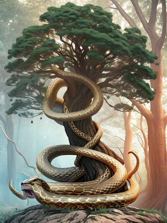  A giant snake coils around the trunk of a tree, its head in the tree's crown, abstract background, no people, no buildings. hyperrealistic, full body, detailed clothing, highly detailed, cinematic lighting, stunningly beautiful, intricate, sharp focus, f/1. 8, 85mm, (centered image composition), (professionally color graded), ((bright soft diffused light)), volumetric fog, trending on instagram, trending on tumblr, HDR 4K, 8K