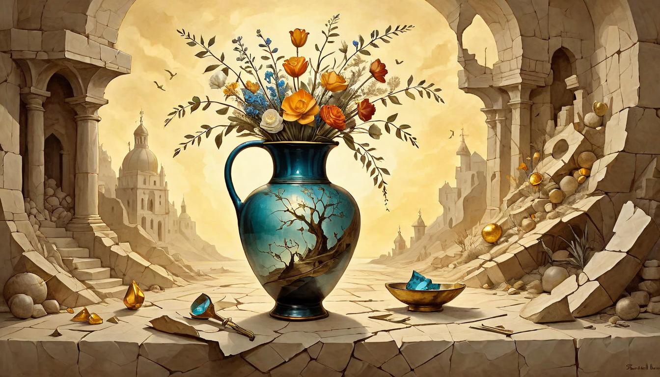  on parchment, surrealism+++, A shattered vase on the verge of being pieced together by a golden light, symbolizing unity in fragmentation, beauty in repair, community rebuilt(mysterious, provocative, symbolic,muted color)+++