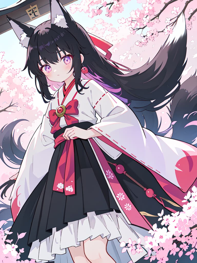  Black hair, girl, fox ear, fox eye, left eye purple, right eye pink, oddy, horses, shrine maiden clothes, masterpiece, best quality,8k,ultra detailed,high resolution,an extremely delicate and beautiful,hyper detail