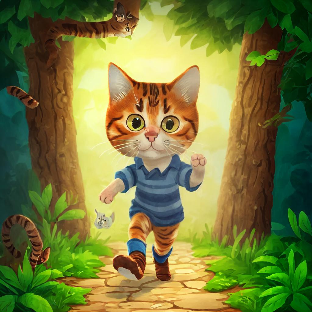  (best quality:1.5), (realistic:1.0), cat, brown stripped, blue ribbon, running, long boots , mysterious cabin, dim light