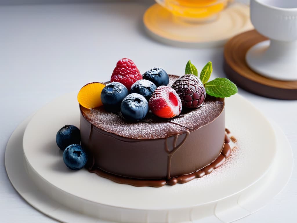  An elegant and minimalist image featuring a beautifully plated dessert paired with a complementary beverage, such as a rich chocolate cake with a glass of red wine or a delicate fruit tart with a cup of herbal tea. The focus is on the exquisite presentation of the dessert and drink, highlighting the textures, colors, and arrangement to evoke a sense of sophistication and harmony in flavor pairing. hyperrealistic, full body, detailed clothing, highly detailed, cinematic lighting, stunningly beautiful, intricate, sharp focus, f/1. 8, 85mm, (centered image composition), (professionally color graded), ((bright soft diffused light)), volumetric fog, trending on instagram, trending on tumblr, HDR 4K, 8K