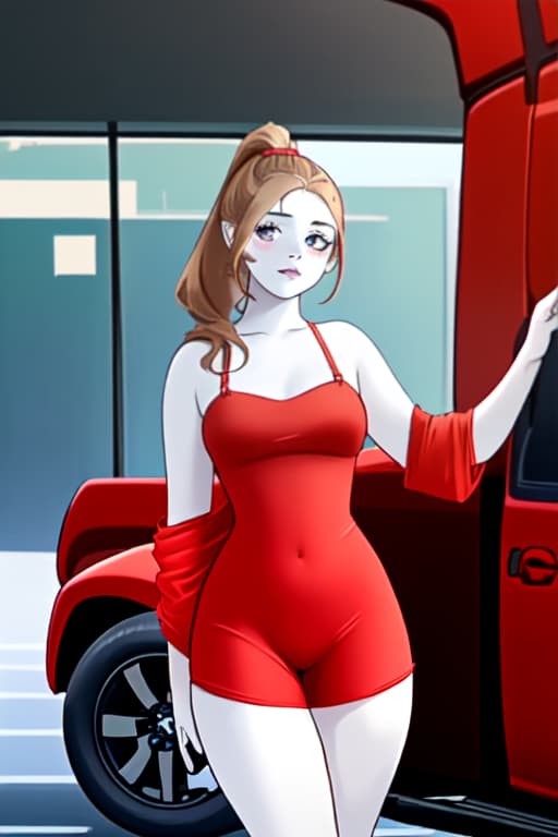  beautiful young woman curvy , curvy firgue , full face , freckles, clean face pale complextion , in red lingerie, dark blonde hair up in half pony , standing with ford truck, black with red rims