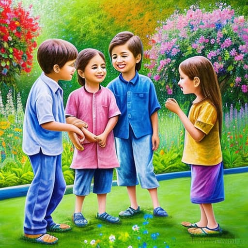  realistic panting, five chikdren playing in a garden, flowers an trees, lots oft colores