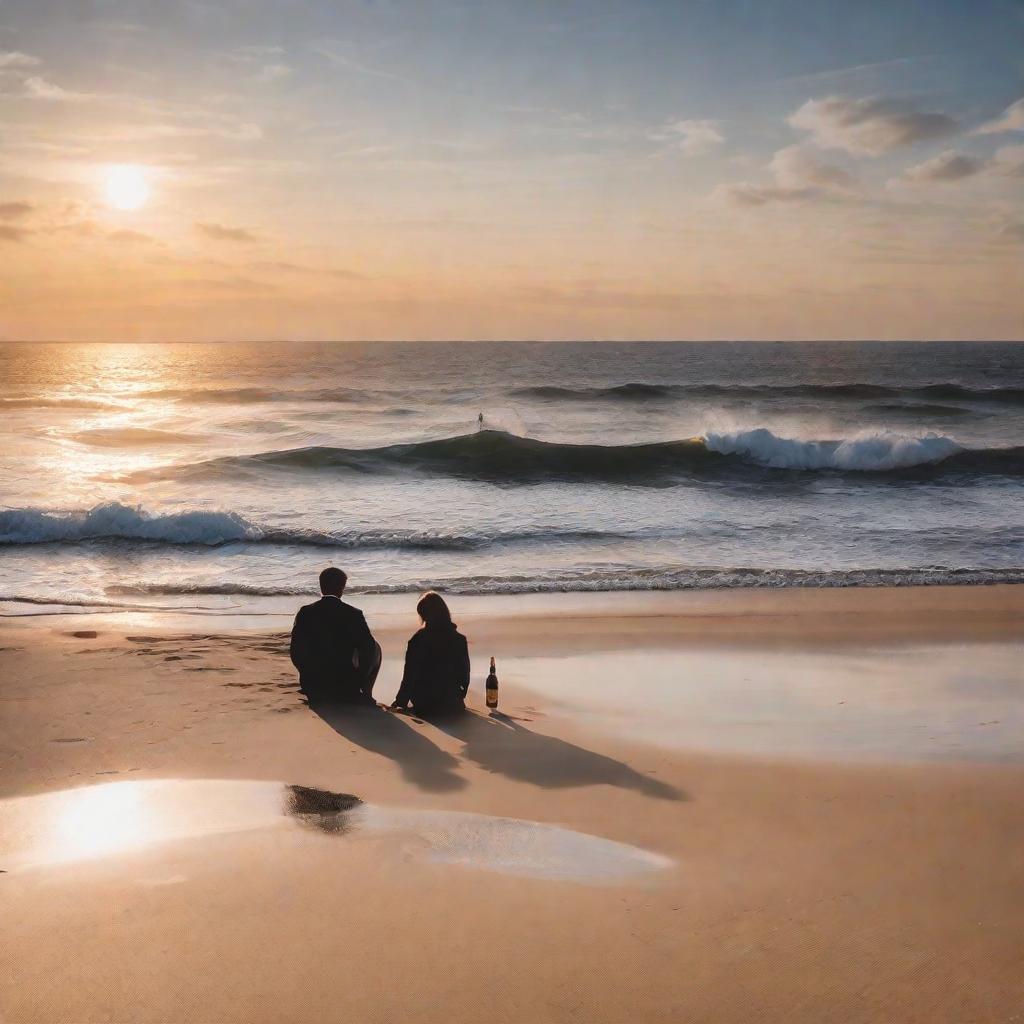  masterpiece, best quality,Generate a picture of two people sitting on the beach watching the sunset