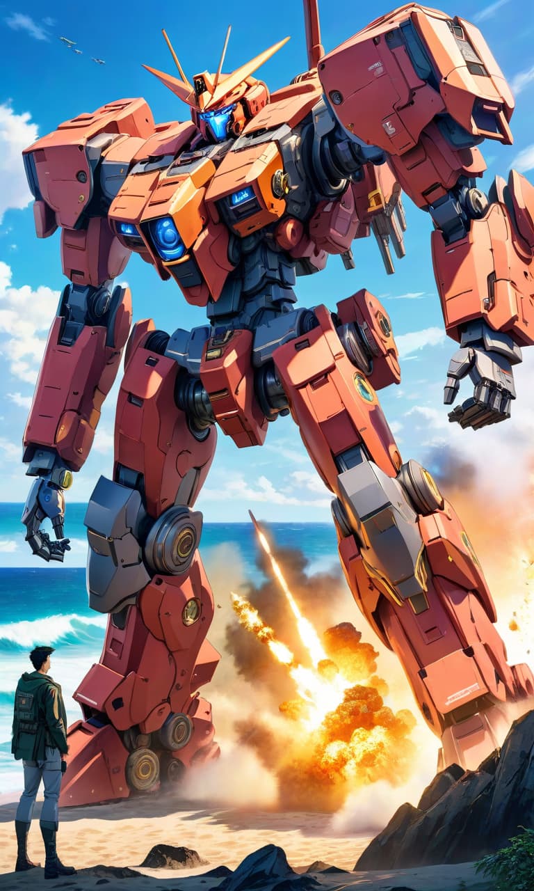  anime artwork A gigantic battle mech from the Pacific Ocean coast is guarding its country. . anime style, key visual, vibrant, studio anime, highly detailed hyperrealistic, full body, detailed clothing, highly detailed, cinematic lighting, stunningly beautiful, intricate, sharp focus, f/1. 8, 85mm, (centered image composition), (professionally color graded), ((bright soft diffused light)), volumetric fog, trending on instagram, trending on tumblr, HDR 4K, 8K