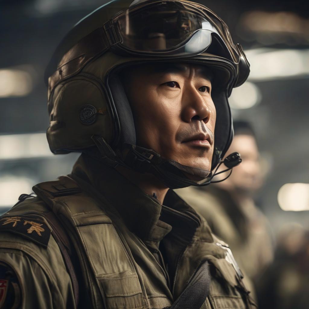  A Chinese man, in military uniform, is a pilot. hyperrealistic, full body, detailed clothing, highly detailed, cinematic lighting, stunningly beautiful, intricate, sharp focus, f/1. 8, 85mm, (centered image composition), (professionally color graded), ((bright soft diffused light)), volumetric fog, trending on instagram, trending on tumblr, HDR 4K, 8K