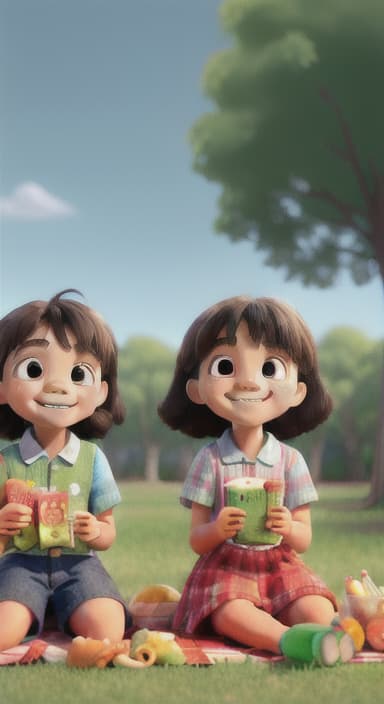  {Kids sitting around a picnic blanket, enjoying juice boxes and snacks., Children happily eating snacks, with crumbs on their faces and big smiles.