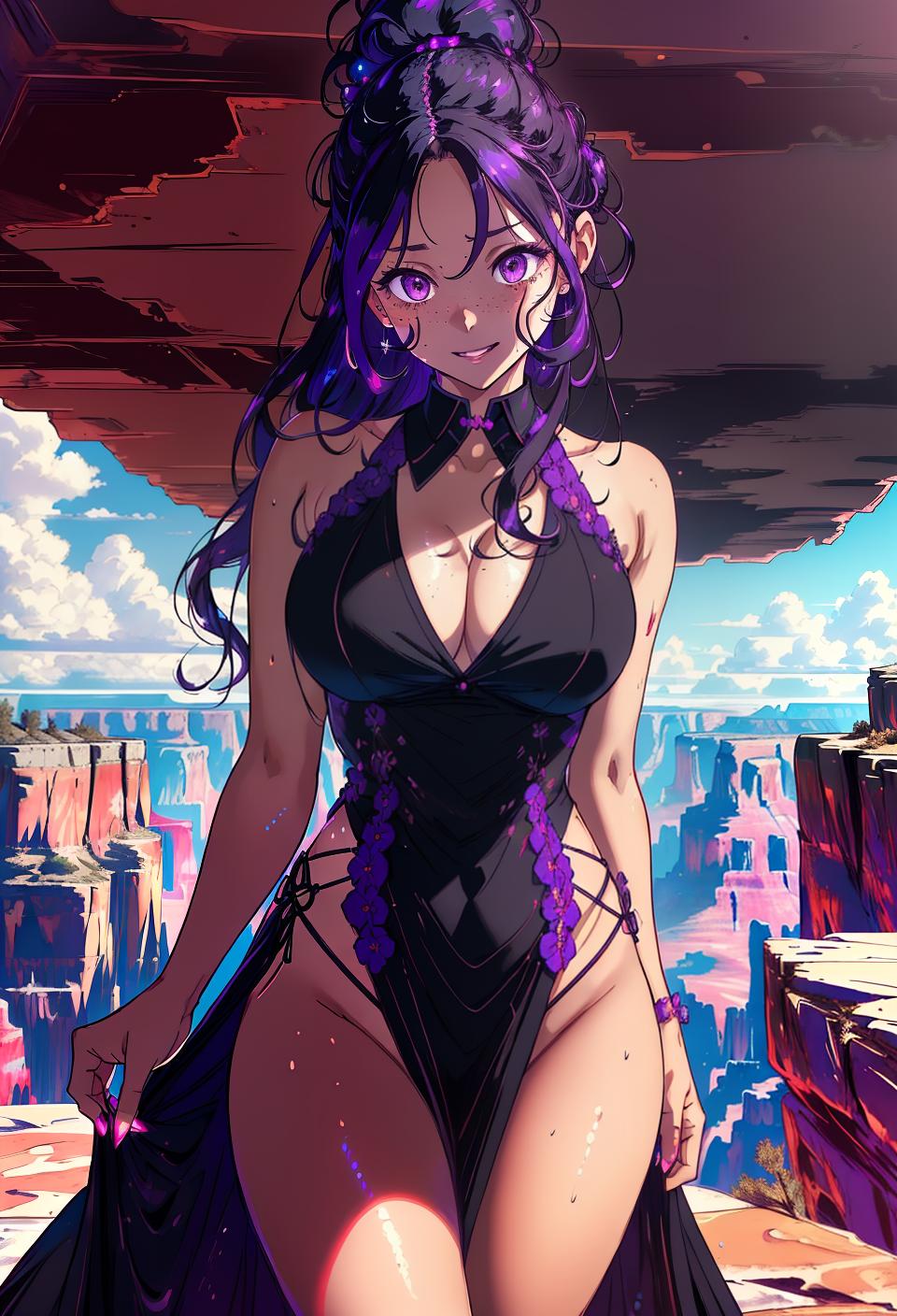  ((trending, highres, masterpiece, cinematic shot)), 1girl, young, female formal wear, Grand Canyon scene, very long curly black hair, hair in a bun, large purple eyes, calm personality, happy expression, freckles, tanned skin, morbid, energetic