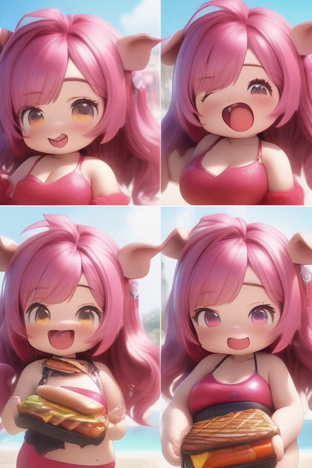  extremely obese girl、pink colored hair、((bright deep pink colored drooping pig's ears:1.4、ultra detailed plump & fat face sweaty smile:1.4、ultra detailed shiny black skin:1.4))、(((on the beach:1.4、barbecue:1.4)))、(、eating a lot of barbecue)、dutch angle、best quality:1.4、masterpiece:1.4、ultra detailed texture、RAW photorealistic、absurd resolution、8K illustration、💩、💩、💩、