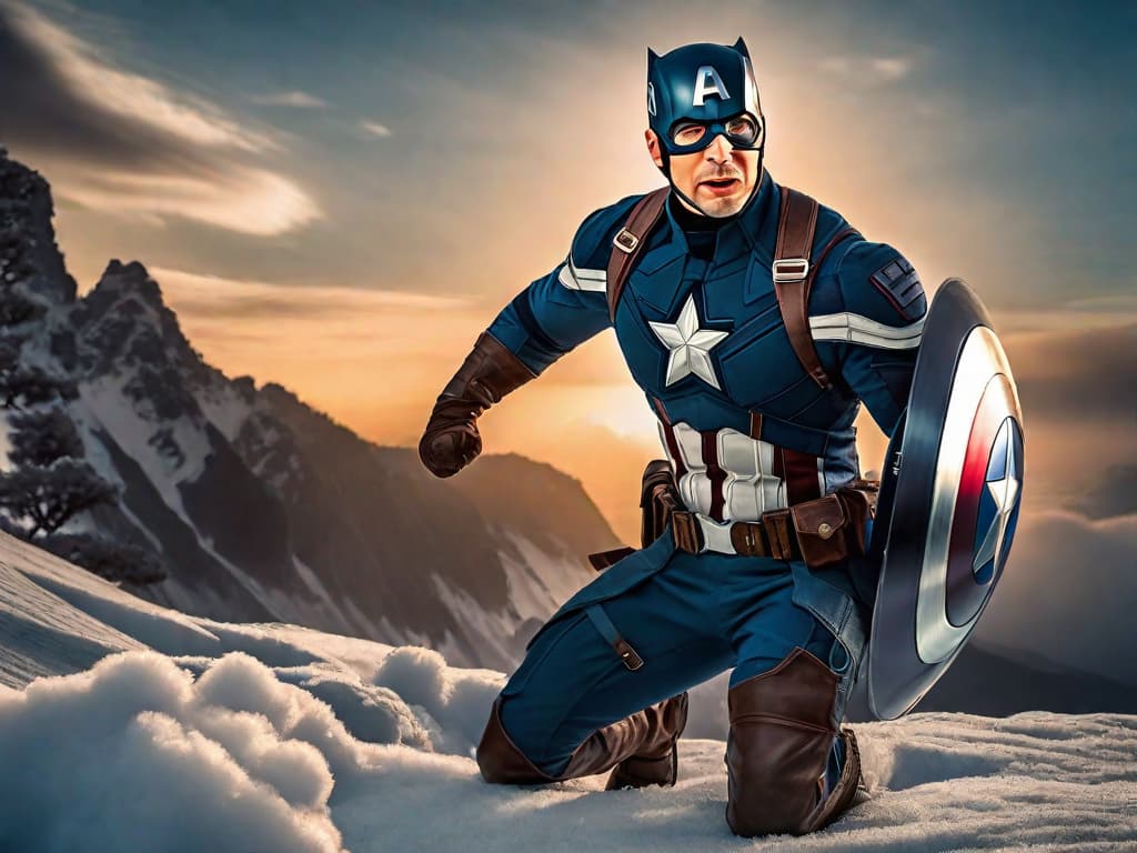  Chris Evans in his Captain America costume, shield in hand, with a Disney+ logo in the corner and a series of action-packed scenes from the Marvel Cinematic Universe blurred in the background.digital art, ilustration hyperrealistic, full body, detailed clothing, highly detailed, cinematic lighting, stunningly beautiful, intricate, sharp focus, f/1. 8, 85mm, (centered image composition), (professionally color graded), ((bright soft diffused light)), volumetric fog, trending on instagram, trending on tumblr, HDR 4K, 8K