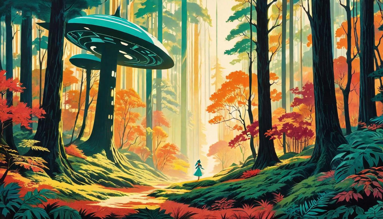  retro futuristic The intricate dance of shadows and light on a forest floor, nature's loom weaving a tapestry unseen. Mood: natural finesse, masterfully crafted, unseen artistry. lvintage sci fi, 50s and 60s style, atomic age, vibrant, highly detailed