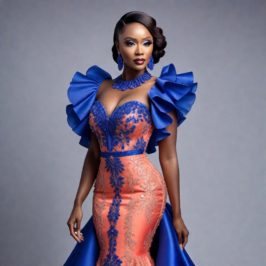  A beautiful aso ebi dress with a mixture of royal blue and coral colors, featuring frills, and a long after dress, bedazzled with crystalline embellishments. hyperrealistic, full body, detailed clothing, highly detailed, cinematic lighting, stunningly beautiful, intricate, sharp focus, f/1. 8, 85mm, (centered image composition), (professionally color graded), ((bright soft diffused light)), volumetric fog, trending on instagram, trending on tumblr, HDR 4K, 8K