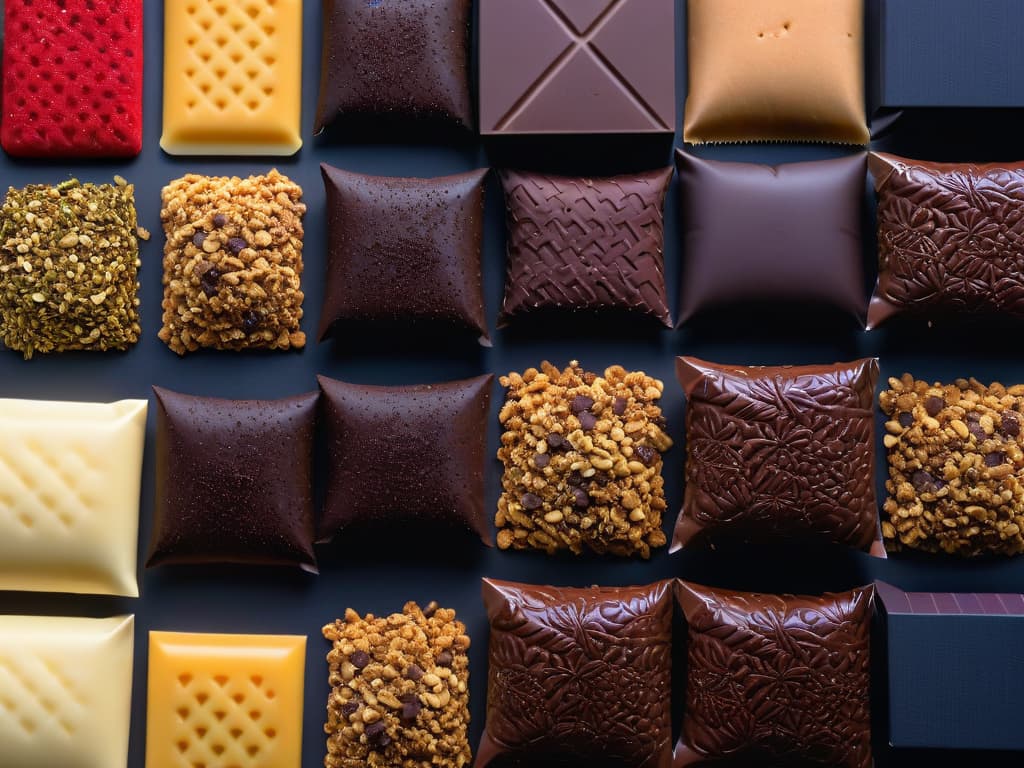  An ultradetailed image of a variety of chocolate chip brands showcased on a sleek, minimalistic background. Each brand is meticulously arranged in rows, highlighting their unique packaging and logo designs. The vibrant colors of the different chip packages pop against the clean backdrop, creating a visually striking and informative display for the audience of the article. hyperrealistic, full body, detailed clothing, highly detailed, cinematic lighting, stunningly beautiful, intricate, sharp focus, f/1. 8, 85mm, (centered image composition), (professionally color graded), ((bright soft diffused light)), volumetric fog, trending on instagram, trending on tumblr, HDR 4K, 8K