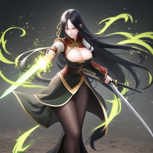  girl with long black hair and light emerald eyes with an angry expression with a sword pointing in front with traditional chinese clothing hyperrealistic, full body, detailed clothing, highly detailed, cinematic lighting, stunningly beautiful, intricate, sharp focus, f/1. 8, 85mm, (centered image composition), (professionally color graded), ((bright soft diffused light)), volumetric fog, trending on instagram, trending on tumblr, HDR 4K, 8K