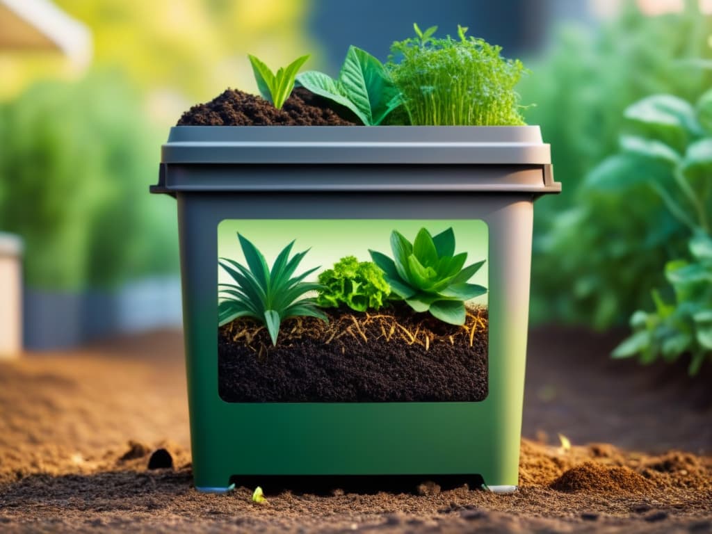  A minimalist illustration showcasing the lifecycle of composting in an urban setting, starting with food scraps being collected in a city apartment, then transitioning to a community compost bin, and finally culminating in lush green plants growing in a sustainable garden. The image should be sleek, with a color palette of earth tones and pops of green to symbolize growth and environmental consciousness. hyperrealistic, full body, detailed clothing, highly detailed, cinematic lighting, stunningly beautiful, intricate, sharp focus, f/1. 8, 85mm, (centered image composition), (professionally color graded), ((bright soft diffused light)), volumetric fog, trending on instagram, trending on tumblr, HDR 4K, 8K