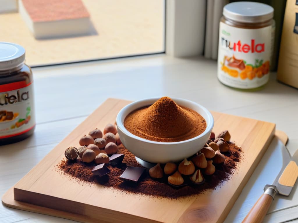  An ultradetailed image of a sleek, modern kitchen countertop with a row of freshly roasted hazelnuts cooling on a wooden cutting board, a bowl of rich cocoa powder, a jar of creamy almond milk, a stack of vegan chocolate bars, and a shiny food processor ready to create homemade vegan Nutella. The soft natural light from a nearby window casts a gentle glow on the ingredients, highlighting their textures and colors in exquisite detail. hyperrealistic, full body, detailed clothing, highly detailed, cinematic lighting, stunningly beautiful, intricate, sharp focus, f/1. 8, 85mm, (centered image composition), (professionally color graded), ((bright soft diffused light)), volumetric fog, trending on instagram, trending on tumblr, HDR 4K, 8K