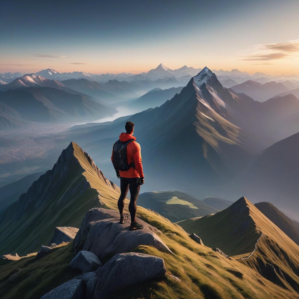  Picture a person confidently standing atop a mountain, gazing into the distance at the rising sun. The person is dressed in sportswear, symbolizing readiness for action and overcoming challenges. Beyond the background, other mountain peaks are visible, representing future goals and challenges. The overall atmosphere of the image should be inspiring, motivating and conveying a sense of accomplishment and success. hyperrealistic, full body, detailed clothing, highly detailed, cinematic lighting, stunningly beautiful, intricate, sharp focus, f/1. 8, 85mm, (centered image composition), (professionally color graded), ((bright soft diffused light)), volumetric fog, trending on instagram, trending on tumblr, HDR 4K, 8K