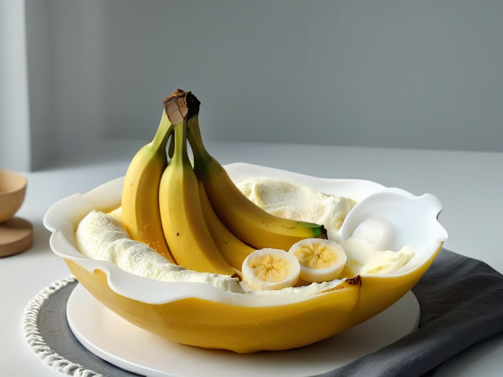  An intricate, ultrarealistic closeup image of a ripe, goldenbrown banana being gently mashed with a fork in a sleek, modern bowl. The texture of the banana is incredibly detailed, with every crevice and fiber visible, showcasing its potential as a powerful egg substitute. The lighting is soft yet illuminating, highlighting the natural sheen of the fruit and the subtle shadows created by the mashing process. This image captures the essence of transformation and versatility, conveying the simplicity and elegance of using mashed bananas as an egg replacement in various recipes. hyperrealistic, full body, detailed clothing, highly detailed, cinematic lighting, stunningly beautiful, intricate, sharp focus, f/1. 8, 85mm, (centered image composition), (professionally color graded), ((bright soft diffused light)), volumetric fog, trending on instagram, trending on tumblr, HDR 4K, 8K