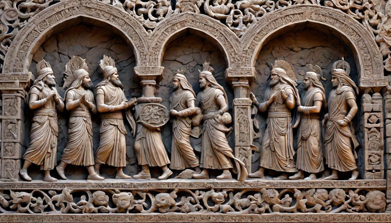  digital painting of Ornate carvings depicting prophets on ancient stone walls, merging stories of past and divine, interwoven narratives cast in the timeless dance of shadow and light, profound, mystical, legacy engraved. looking at viewer, dynamic pose, (intricate details, masterpiece, best quality)