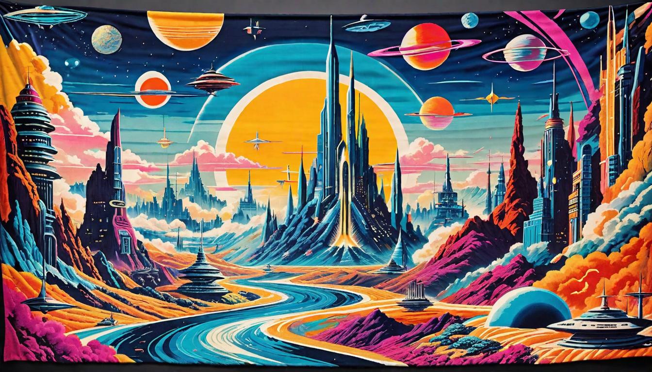  retro futuristic A tapestry woven with vibrant threads, each strand representing a story of adversity, publicly displayed, Symbolic, shared, empowering lvintage sci fi, 50s and 60s style, atomic age, vibrant, highly detailed