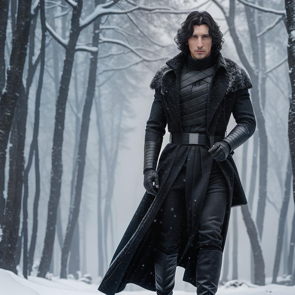  Kylo Ren standing in the snow, covered in snow, dark, dramatic hyperrealistic, full body, detailed clothing, highly detailed, cinematic lighting, stunningly beautiful, intricate, sharp focus, f/1. 8, 85mm, (centered image composition), (professionally color graded), ((bright soft diffused light)), volumetric fog, trending on instagram, trending on tumblr, HDR 4K, 8K