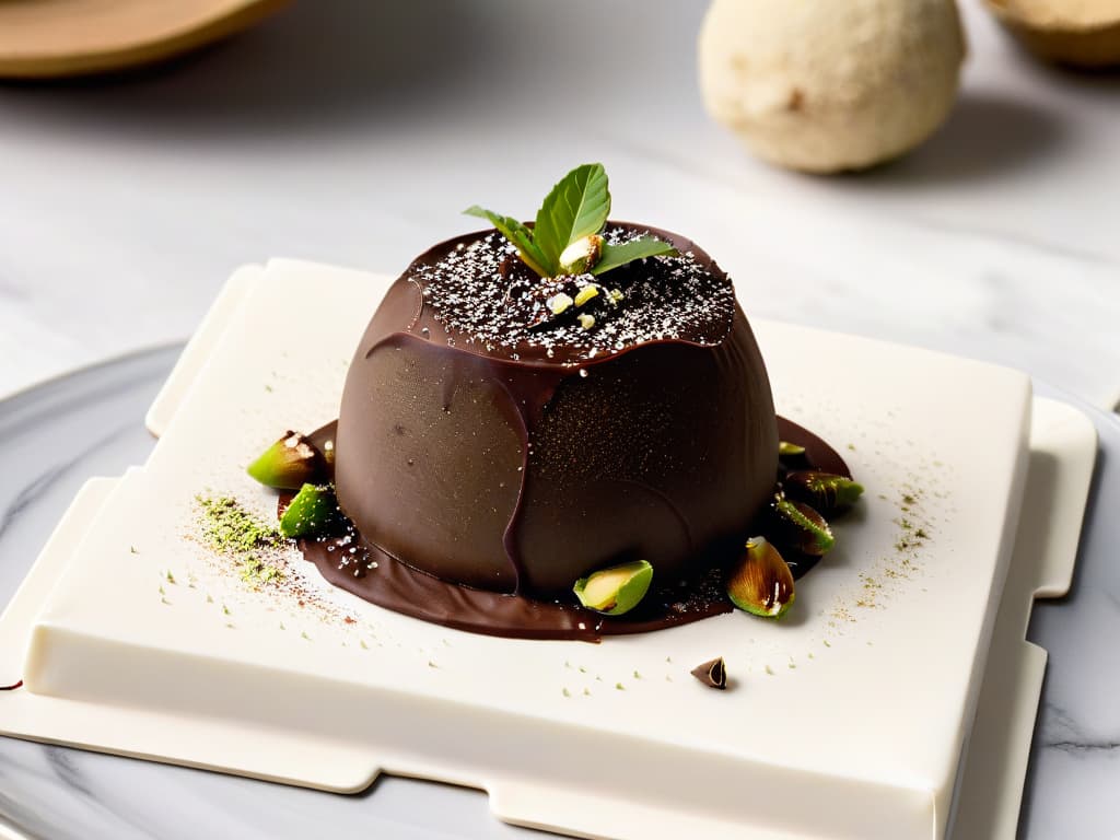  A closeup, ultradetailed image of a single homemade healthy truffle placed delicately on a sleek, modern marble plate. The truffle is perfectly round, covered in a thin layer of dark chocolate dusted with a sprinkle of vibrant, crushed pistachios. The background is a soft, blurred gradient of muted earth tones, emphasizing the richness and elegance of the truffle while maintaining a minimalist aesthetic. hyperrealistic, full body, detailed clothing, highly detailed, cinematic lighting, stunningly beautiful, intricate, sharp focus, f/1. 8, 85mm, (centered image composition), (professionally color graded), ((bright soft diffused light)), volumetric fog, trending on instagram, trending on tumblr, HDR 4K, 8K