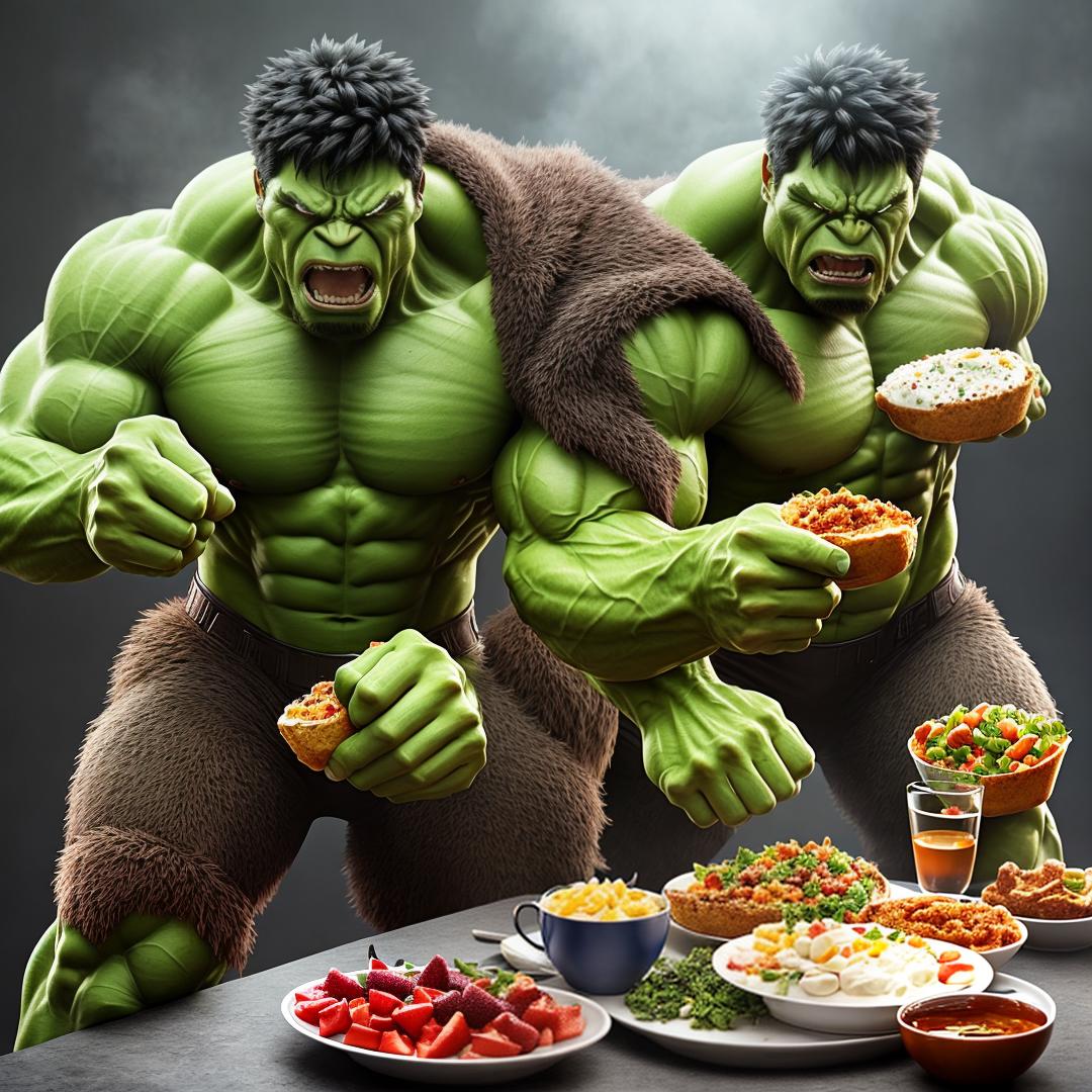  hulk eating food hyperrealistic, full body, detailed clothing, highly detailed, cinematic lighting, stunningly beautiful, intricate, sharp focus, f/1. 8, 85mm, (centered image composition), (professionally color graded), ((bright soft diffused light)), volumetric fog, trending on instagram, trending on tumblr, HDR 4K, 8K