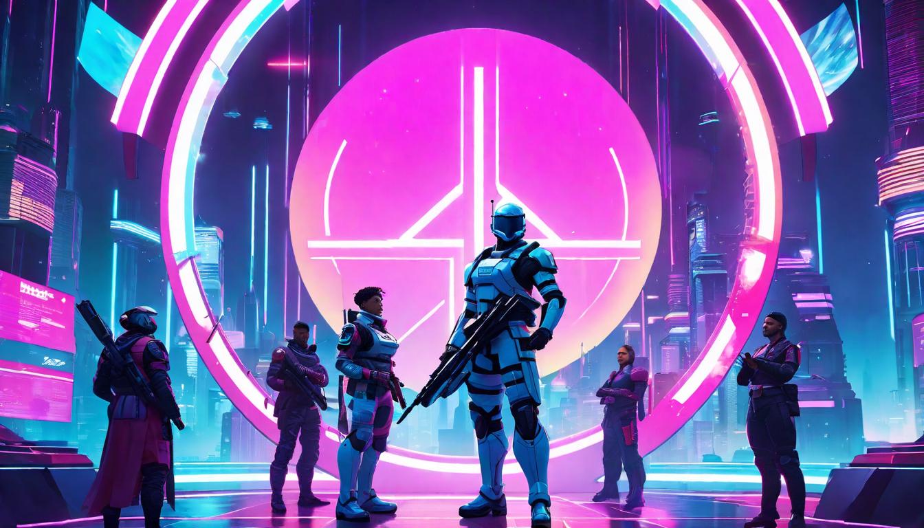  vaporwave,cyberpunk game style A peacekeeper, in the middle of a circle formed by diverse community members, each showing a mix of emotions. Visual focus on the calm and balanced stands of the peacekeeper, serene background, soft, warm colors, creating an atmosphere of healing and mediation.eon, dystopian, futuristic, digital, vibrant, detailed, high contrast, reminiscent of cyberpunk genre video games,retro aesthetic, cyberpunk, vibrant, neon colors, vintage 80s and 90s style, highly detailed