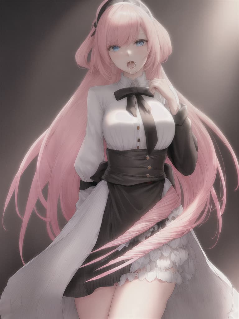  One white woman, Human, Anime Style, with pink hair, Tall (()), ((full body)), ((age 25 30)), Hair Style: Long, wearing an unoned black jacket with long sleeves open shoulders and open neck, underneath the jacket is a thin white short , on the top part of the is a golden bow attached, wears a black short with tight black stockings, black hairband that has small black bow on the top left side of it, (centered image composition), (professionally color graded), (((highest resolution, best quality, beautiful, raw image))), detailed clothing, detailed face, y and blue eyes with thin eyebrows, y salivating with open mouth hyperrealistic, full body, detailed clothing, highly detailed, cinematic lighting, stunningly beautiful, intricate, sharp focus, f/1. 8, 85mm, (centered image composition), (professionally color graded), ((bright soft diffused light)), volumetric fog, trending on instagram, trending on tumblr, HDR 4K, 8K