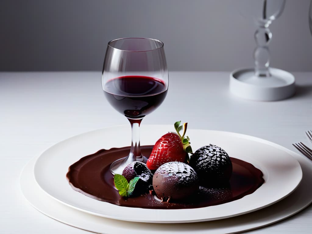  An elegant and minimalistic image featuring a pristine wine glass filled with a rich, deep red wine, paired with a decadent chocolate dessert on a sleek, modern table setting. The lighting is soft, casting a warm glow over the scene, highlighting the textures of the wine, dessert, and table surface. The overall composition exudes sophistication and indulgence, perfect for capturing the essence of a celestial wine and dessert pairing. hyperrealistic, full body, detailed clothing, highly detailed, cinematic lighting, stunningly beautiful, intricate, sharp focus, f/1. 8, 85mm, (centered image composition), (professionally color graded), ((bright soft diffused light)), volumetric fog, trending on instagram, trending on tumblr, HDR 4K, 8K