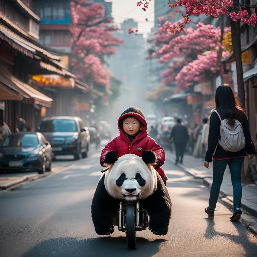  cinematic photo A small boy is riding on a large, good panda down the street. . 35mm photograph, film, bokeh, professional, 4k, highly detailed hyperrealistic, full body, detailed clothing, highly detailed, cinematic lighting, stunningly beautiful, intricate, sharp focus, f/1. 8, 85mm, (centered image composition), (professionally color graded), ((bright soft diffused light)), volumetric fog, trending on instagram, trending on tumblr, HDR 4K, 8K