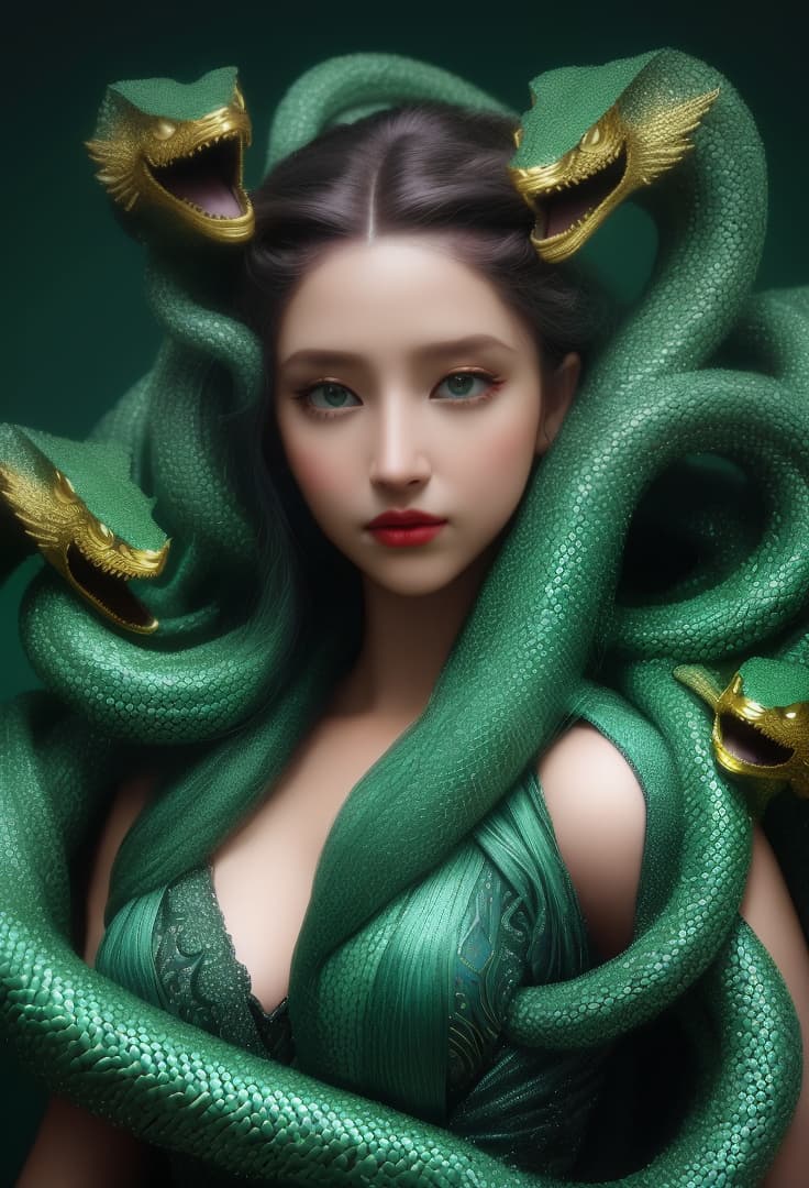  Medusa, hyperrealistic, high quality, highly detailed, cinematic lighting, intricate, sharp focus, f/1. 8, 85mm, (centered image composition), (professionally color graded), ((bright soft diffused light)), volumetric fog, trending on instagram, HDR 4K, 8K