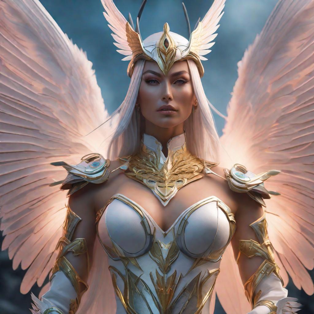  create a surreal image of angewomon from digimon hyperrealistic, full body, detailed clothing, highly detailed, cinematic lighting, stunningly beautiful, intricate, sharp focus, f/1. 8, 85mm, (centered image composition), (professionally color graded), ((bright soft diffused light)), volumetric fog, trending on instagram, trending on tumblr, HDR 4K, 8K