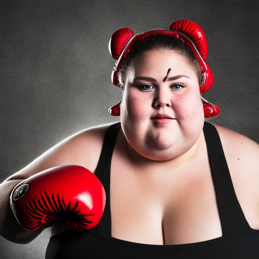 portrait+ style a fat woman, with boxing gloves, struggling against a scale