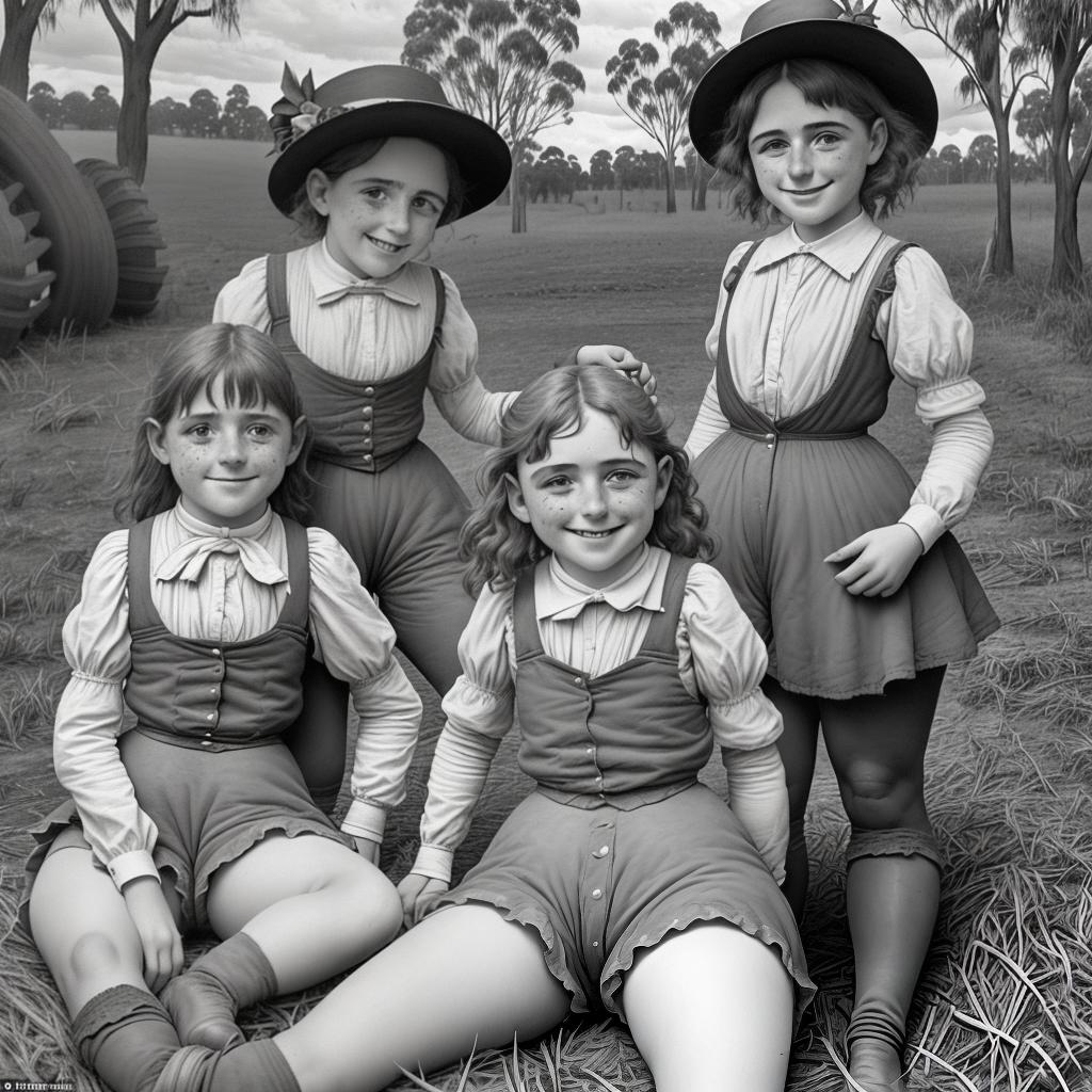  niña de 10 años sonriendo y en calzones con su amiga en el campo haciendo sus travesuras,mostrando sus traseros de Australia del año 1890s