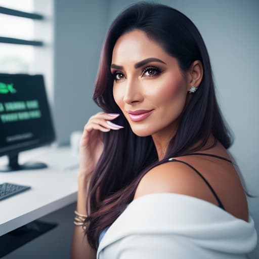  (mujer que es coach en bienestar y salud frente a una computadora en su consultorio), photorealistic, highly detailed, 4k, high quality hyperrealistic, full body, detailed clothing, highly detailed, cinematic lighting, stunningly beautiful, intricate, sharp focus, f/1. 8, 85mm, (centered image composition), (professionally color graded), ((bright soft diffused light)), volumetric fog, trending on instagram, trending on tumblr, HDR 4K, 8K